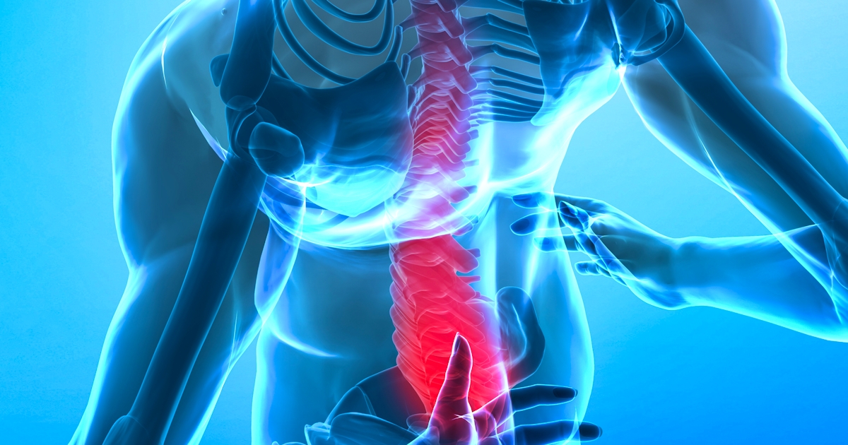 illustration of human skeleton with lower vertebrae highlighted