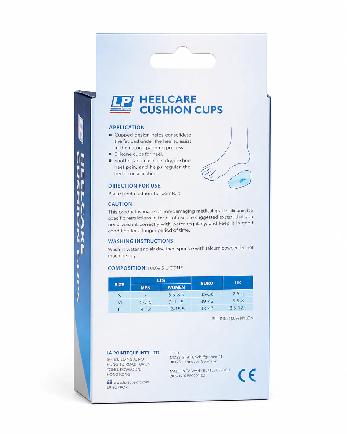 Back packaging showing LP Support Heelcare Cushion Cups instructions and size chart