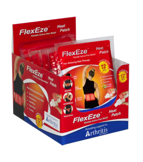 FlexEze Heat Patch display box with single heat patch packs