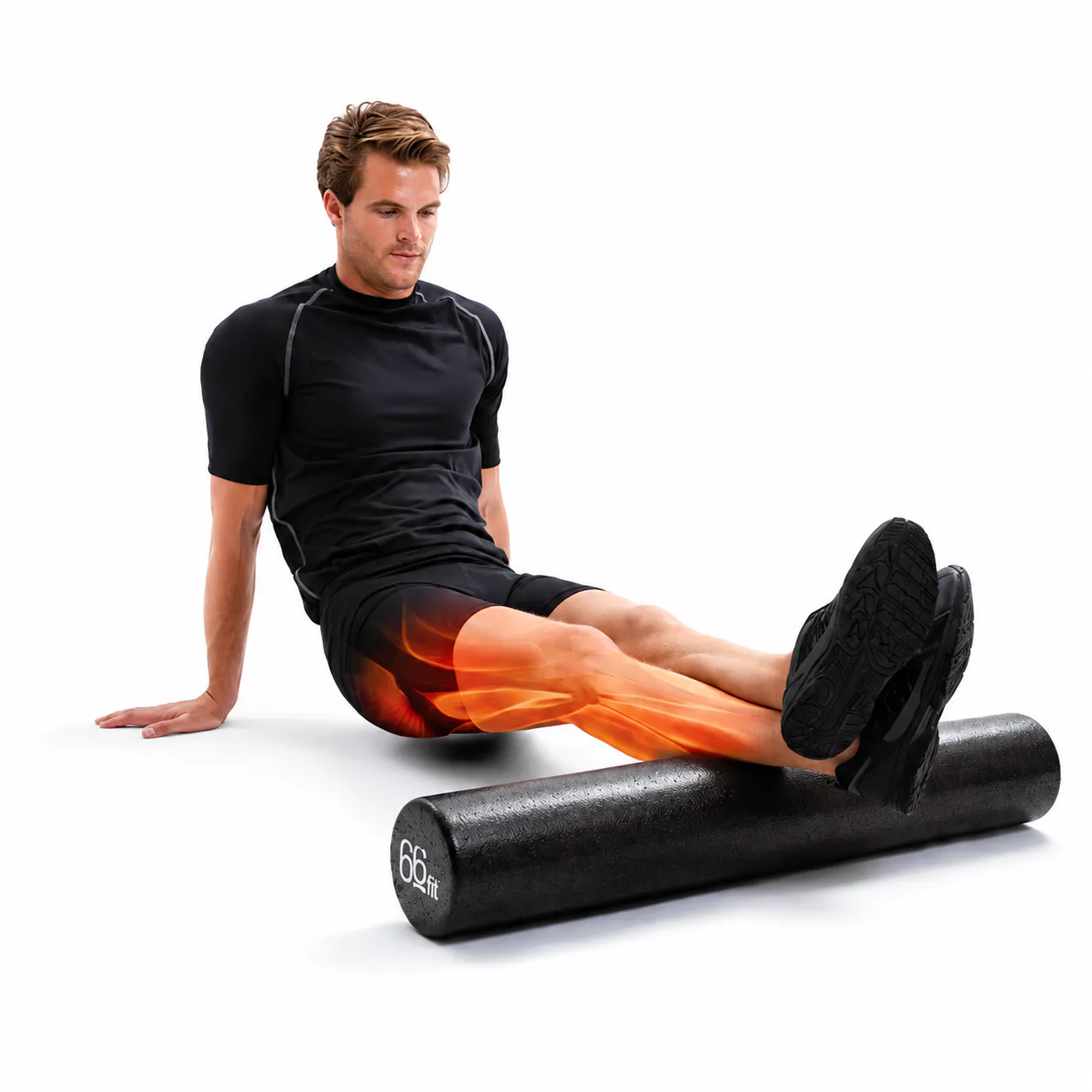 Person using a 66fit foam roller under the hamstrings and calves