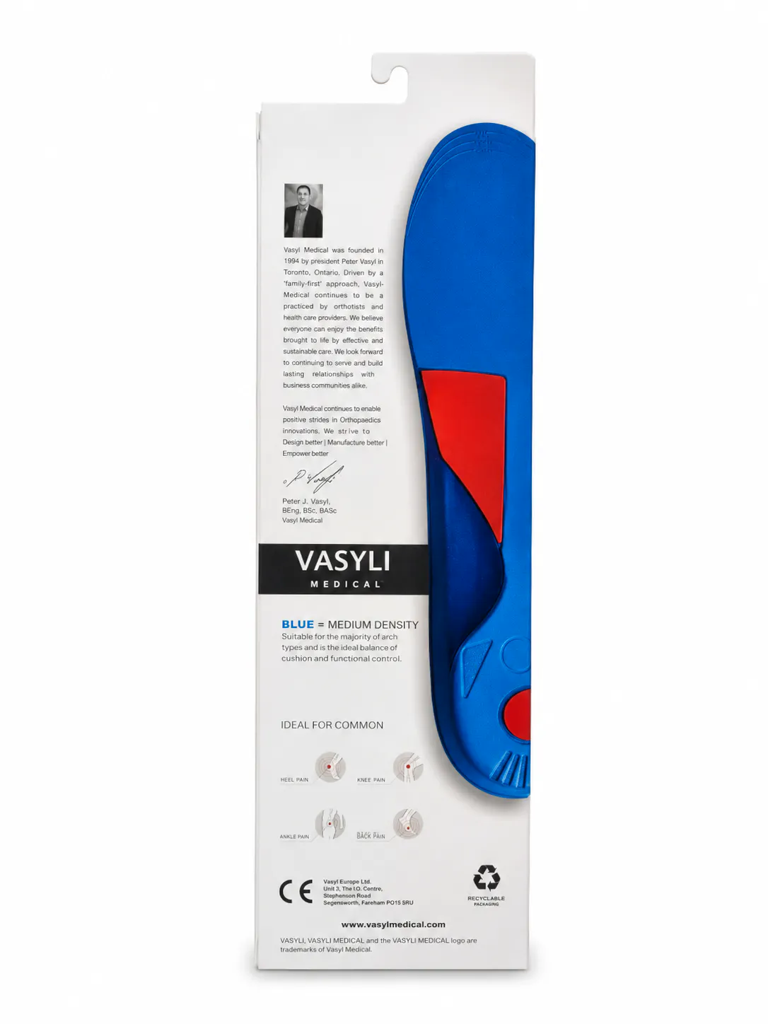 Back of Vasyli Medical Custom Full Length Orthotic Blue packaging