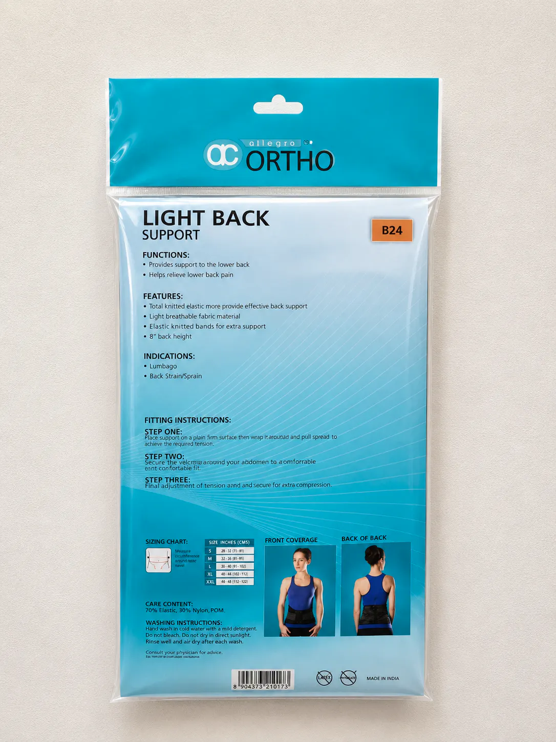 Back packaging for Allegro Ortho Light Back Support with fitting and care instructions