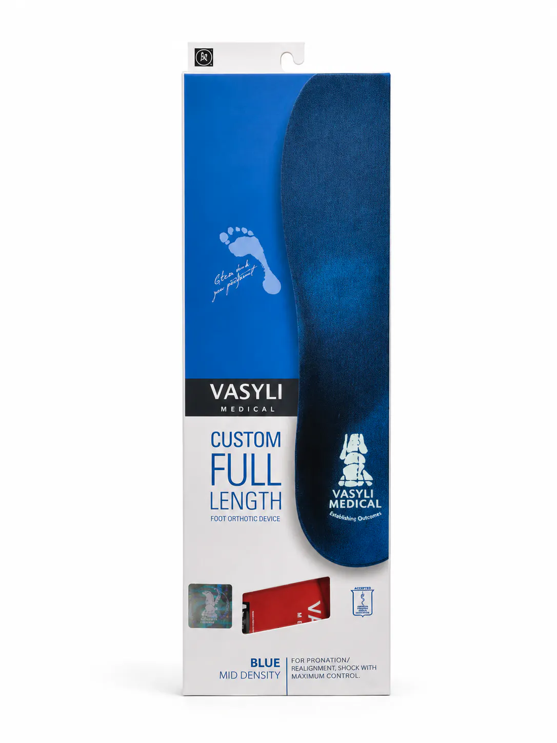 Vasyli Medical Custom Full Length Orthotic Blue front packaging
