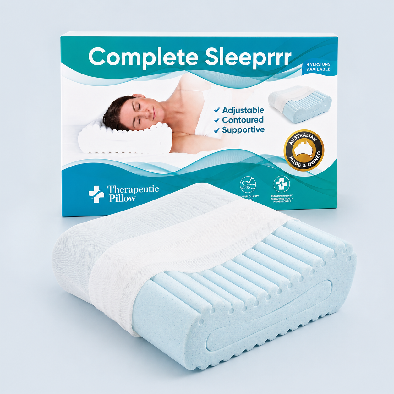 Complete Sleeprrr Gel Infused blue contoured pillow with product box