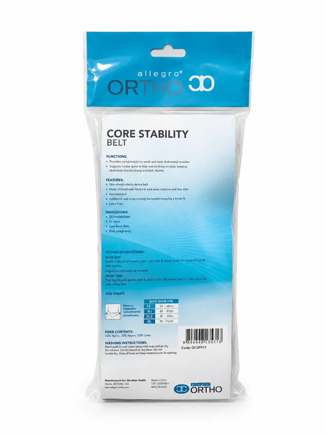 Allegro Ortho Core Stability Belt back packaging with size chart and fitting instructions