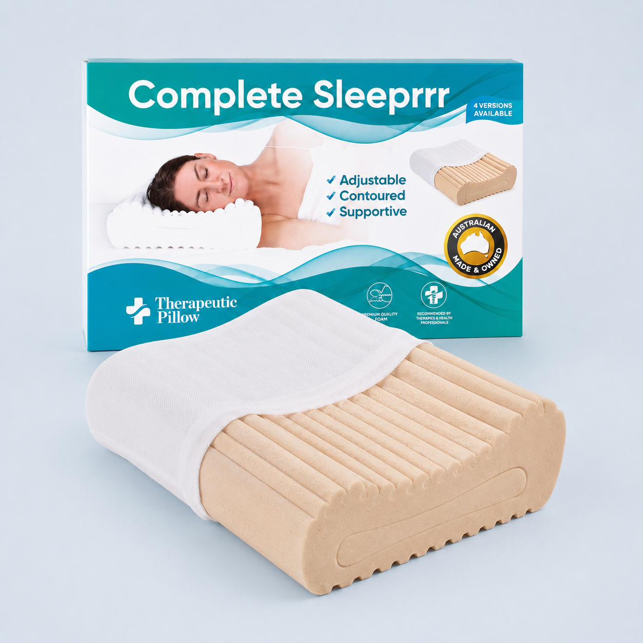 Complete Sleeprrr Plus pink contoured pillow with product box