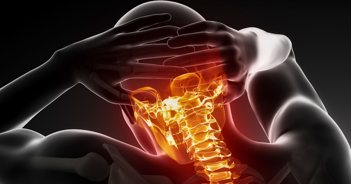 The image depicts a stylized human figure in a pose of distress, highlighting an illuminated spine and skull against a dark background.