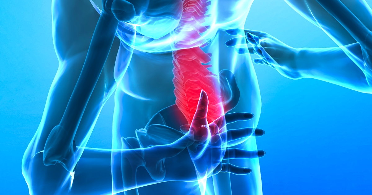 The image depicts a semi-transparent human figure highlighting the spine, with a focus on the lumbar region, indicating potential pain or discomfort.