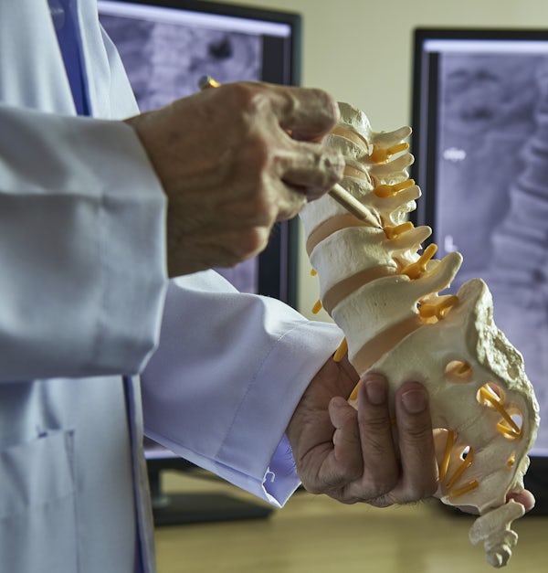A chiropractor pointing at lumbar vertebra model