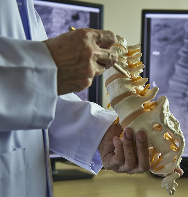 A chiropractor pointing at lumbar vertebra model