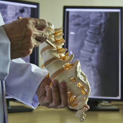 A neurosurgeon  pointing at lumbar vertebra model 