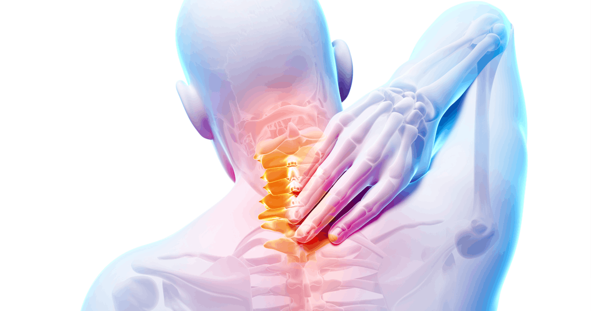 The image shows a human figure with an emphasis on the neck and spine, highlighting areas of discomfort or pain.