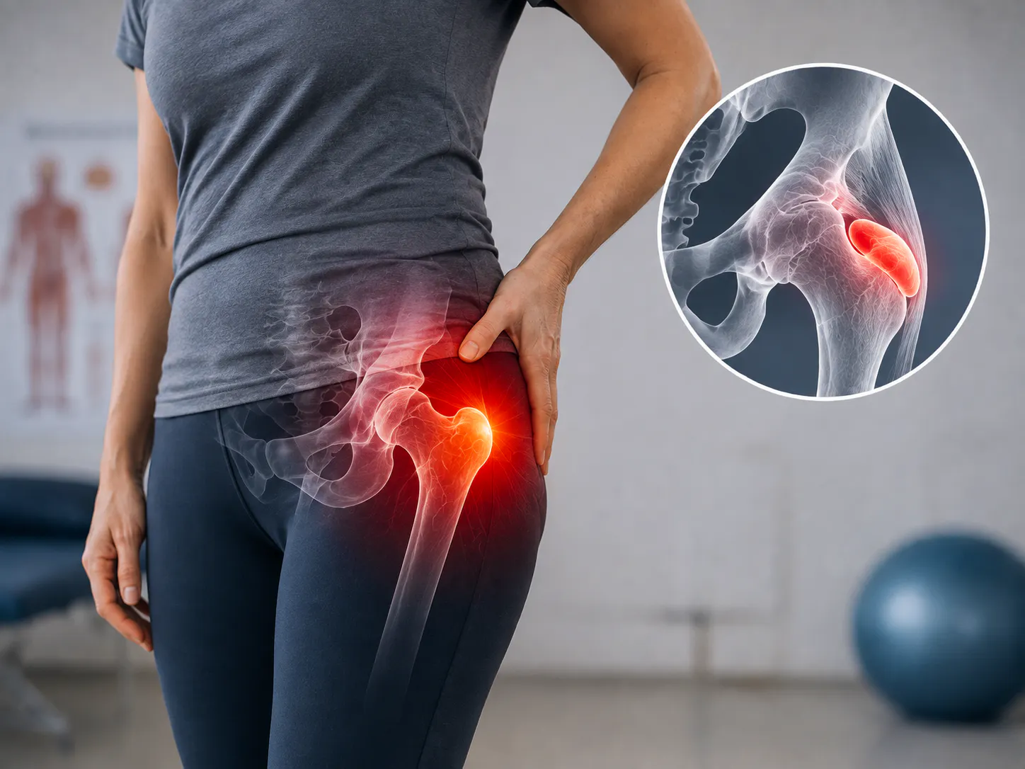 Person holding the outer hip with an anatomical illustration highlighting hip bursitis