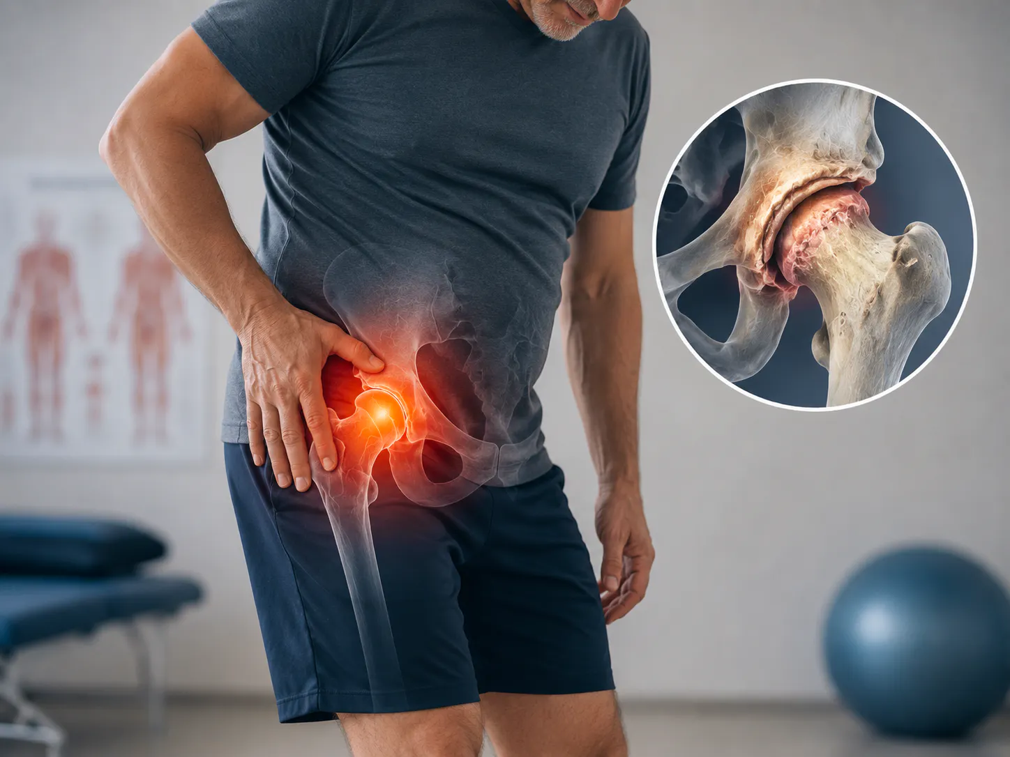 Person with hip osteoarthritis pain and anatomical illustration of degenerative changes in the hip joint