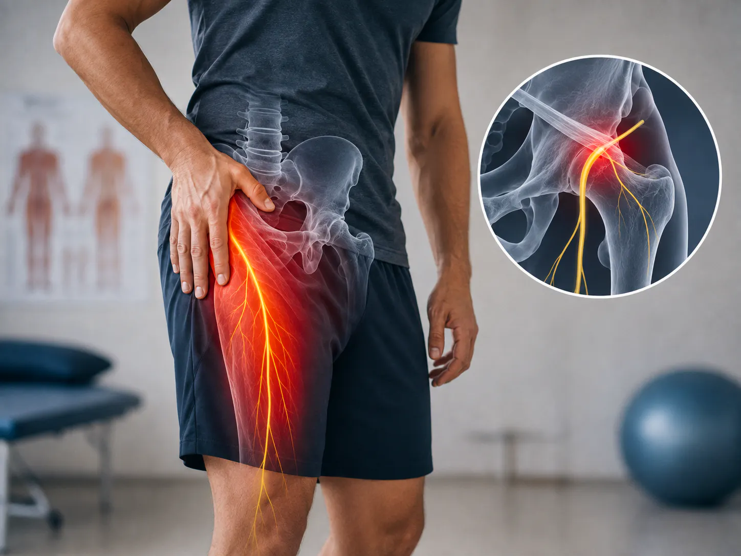 Illustration of lateral femoral cutaneous nerve irritation causing outer thigh pain