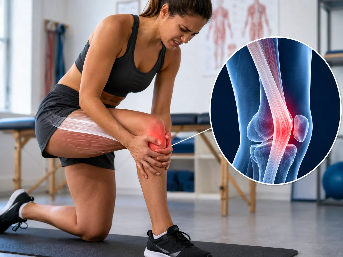 Runner with outer knee pain and an anatomical illustration of iliotibial band syndrome
