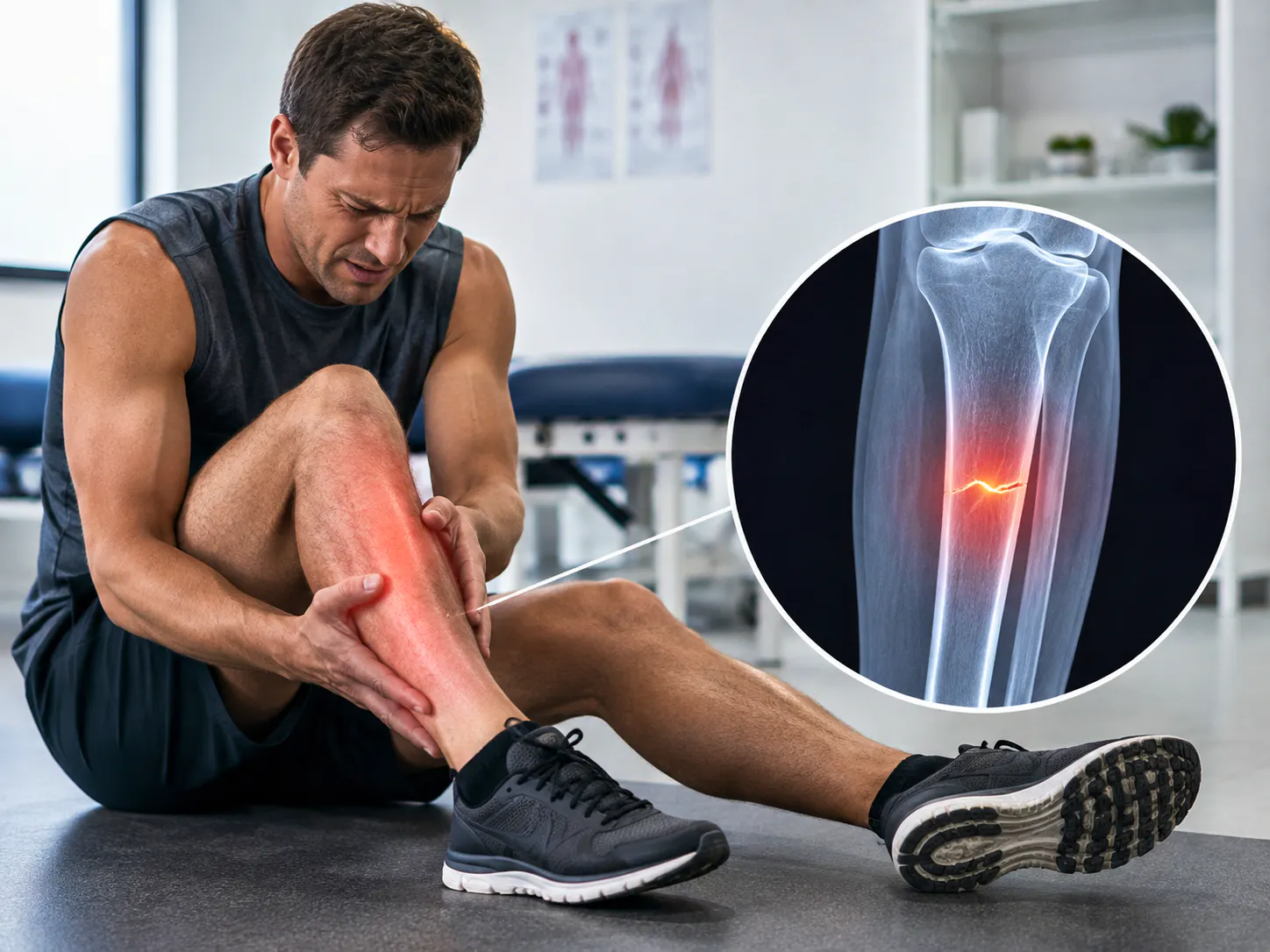 Athlete with focal shin pain and an anatomical illustration of a tibial stress fracture