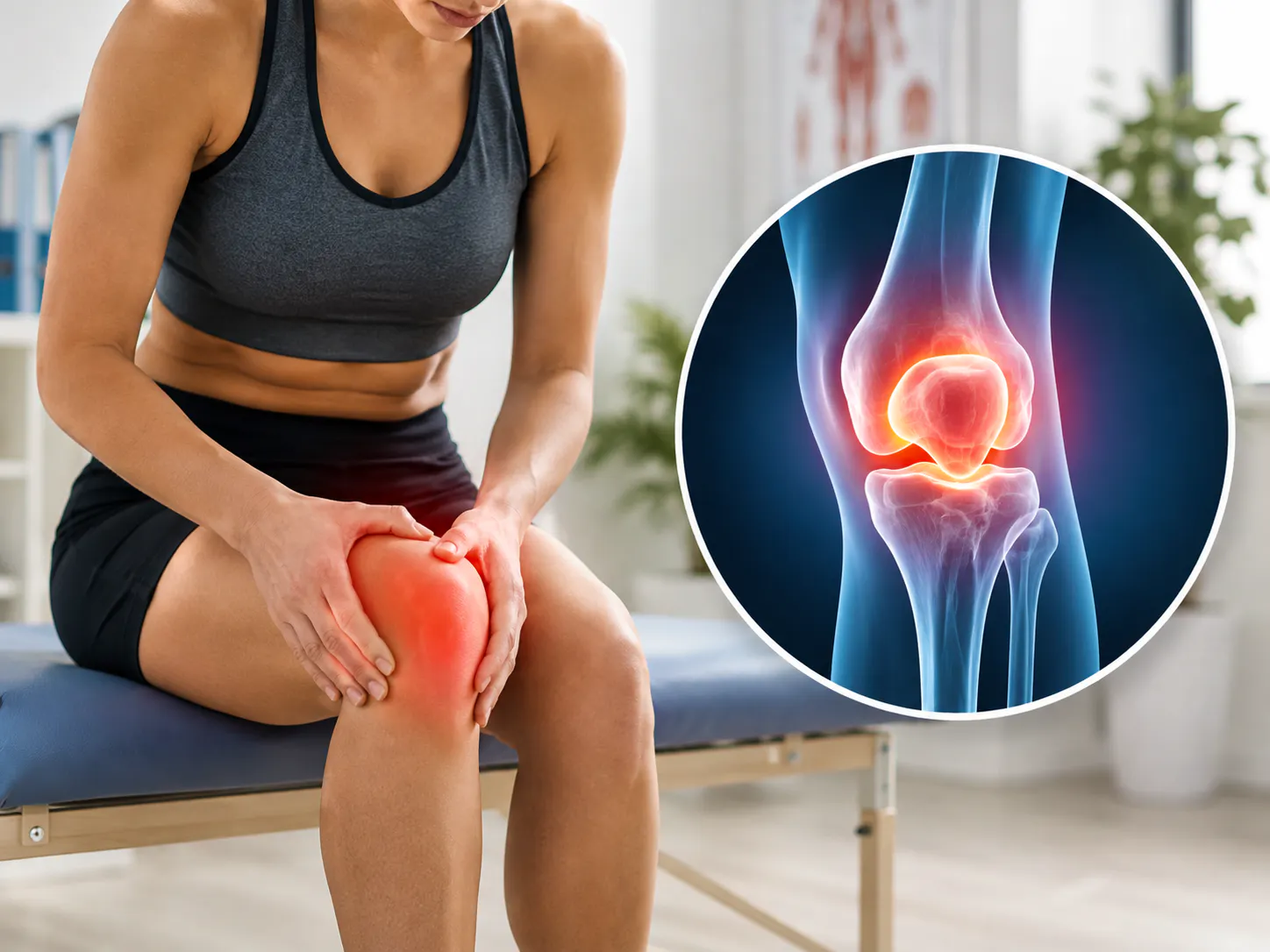 Woman with pain around the kneecap and anatomical illustration of patellofemoral pain