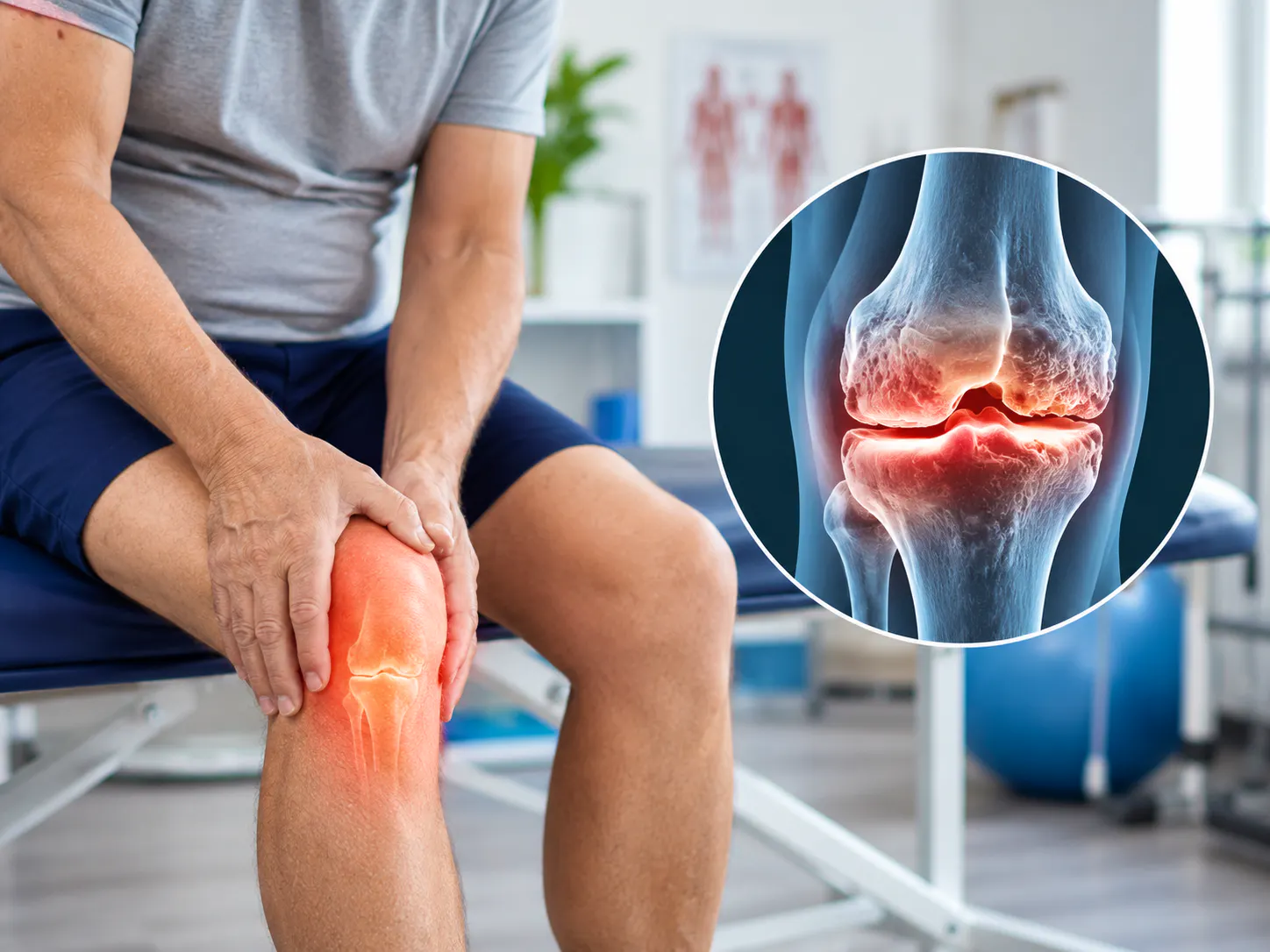Person with knee osteoarthritis pain and anatomical illustration of degenerative knee joint changes