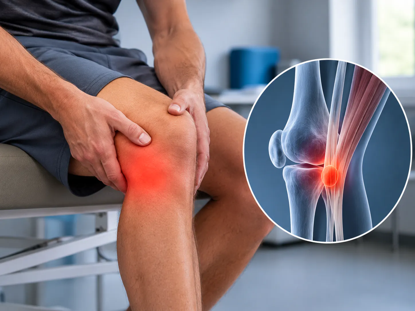 Person with inner knee pain and anatomical illustration of the pes anserine region