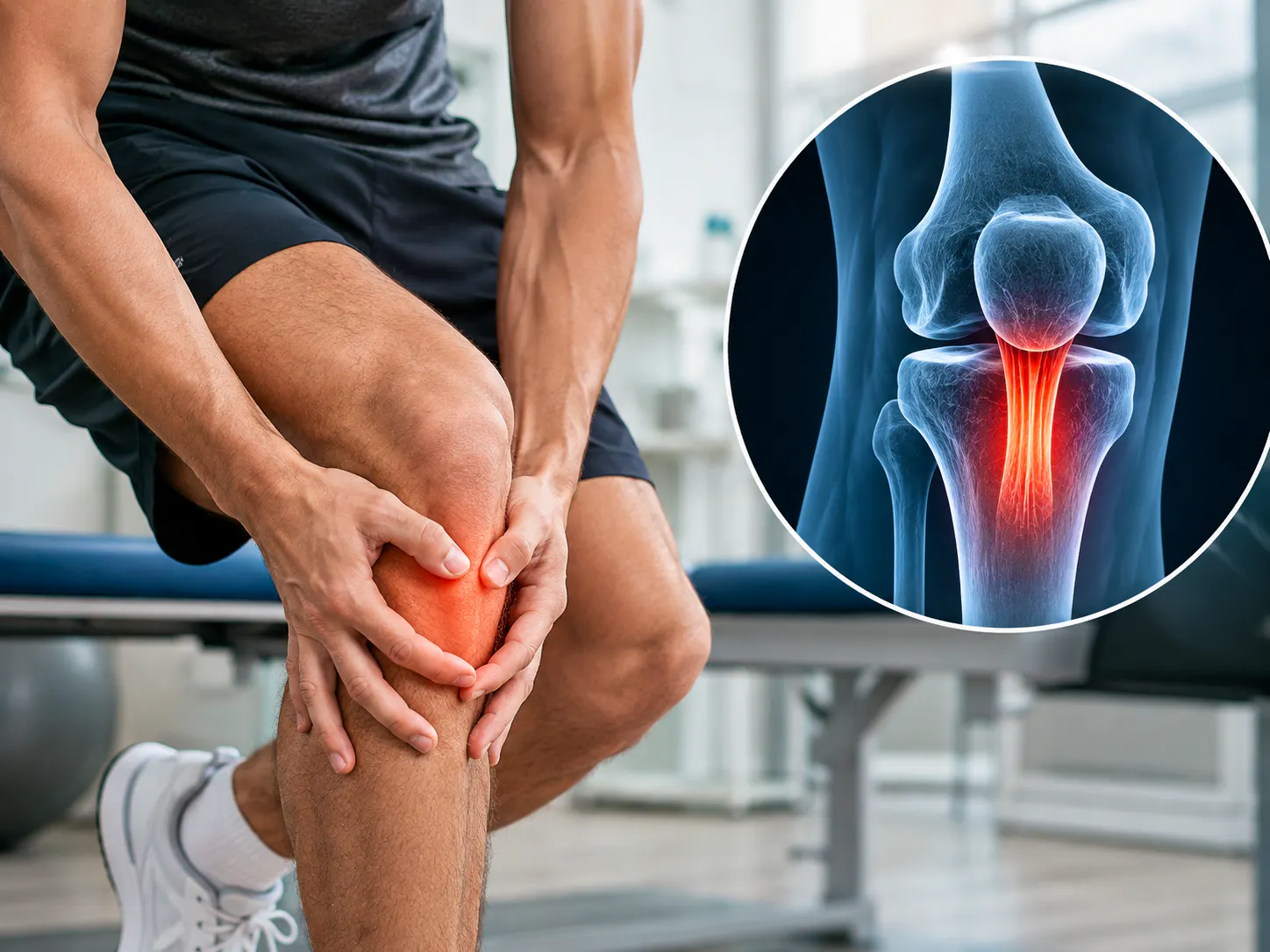 Athlete with pain below the kneecap and anatomical illustration of patellar tendinopathy