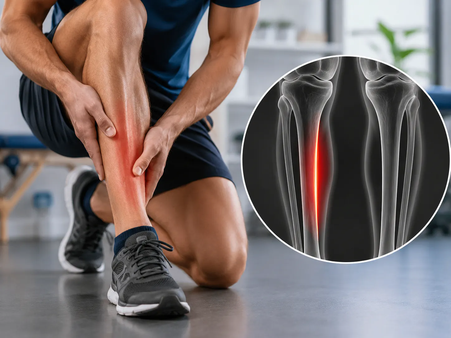 Runner with pain along the inner shin and anatomical illustration of medial tibial stress syndrome