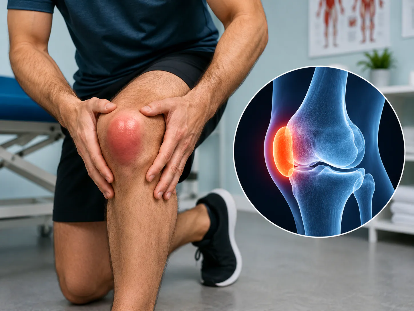 Man with swelling at the front of the knee and anatomical illustration of prepatellar bursitis