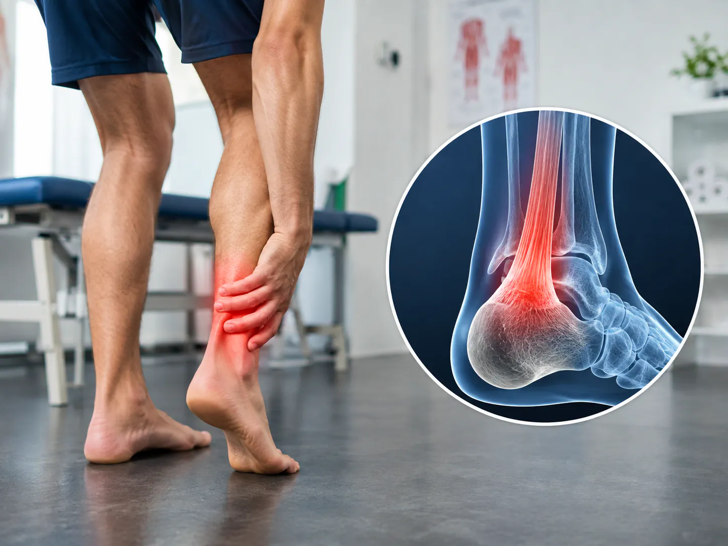 Runner with Achilles tendon pain and anatomical illustration of the Achilles tendon