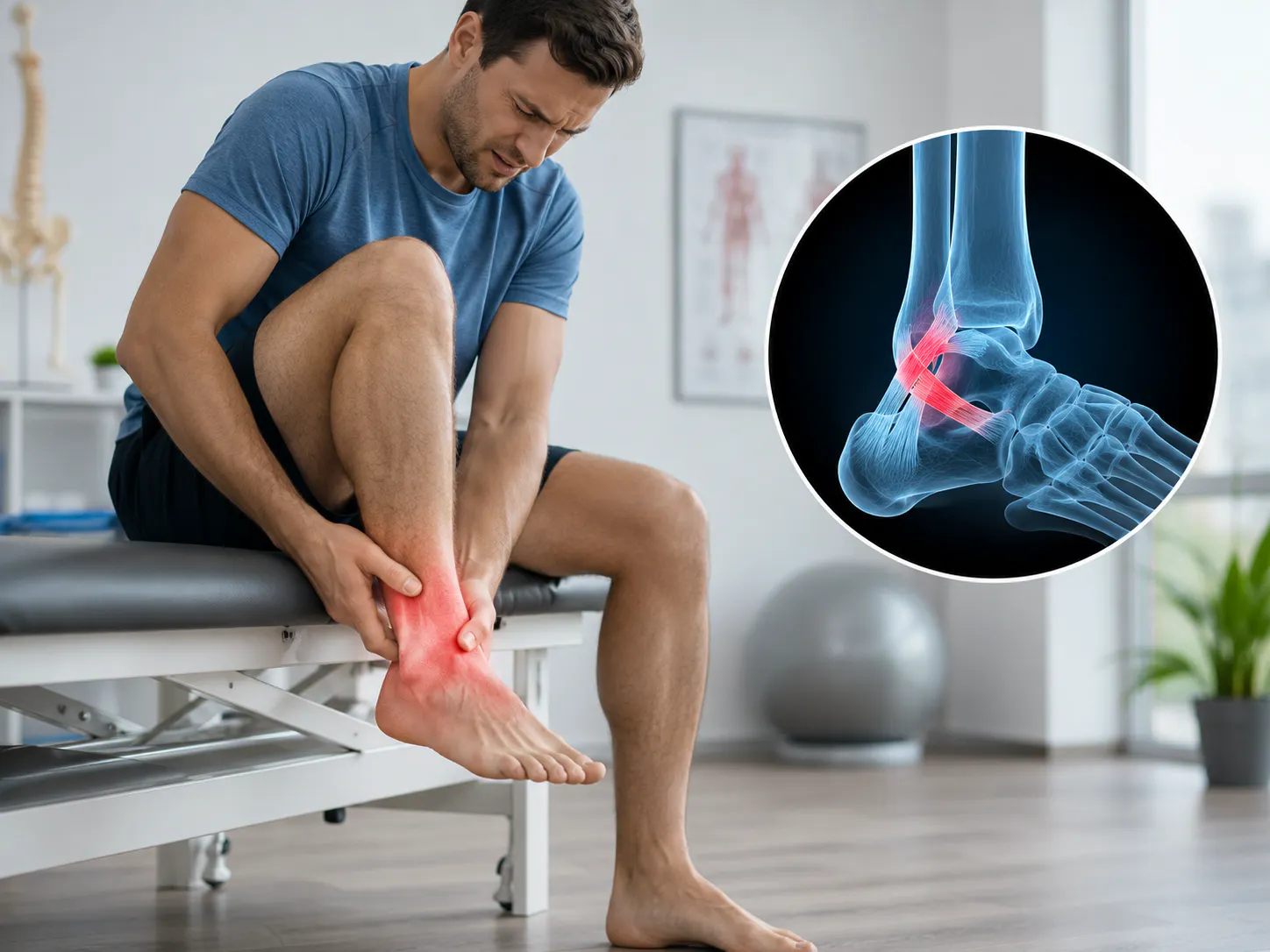 Man with ankle pain and anatomical illustration of an ankle ligament sprain