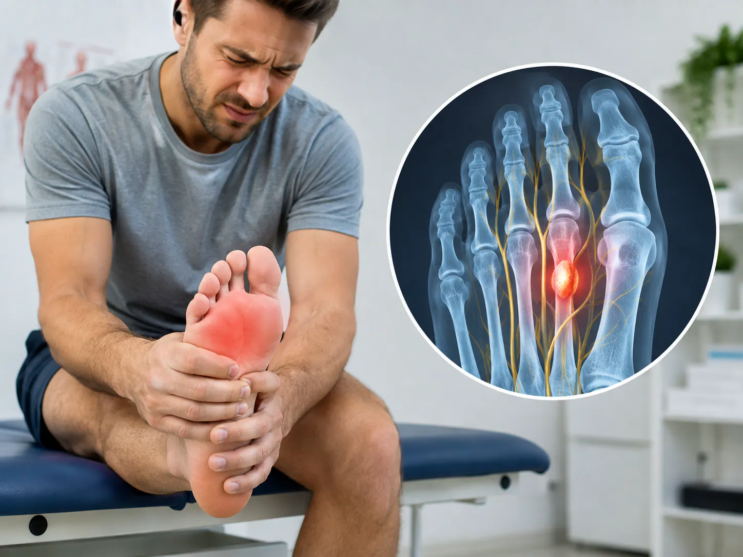 Man with forefoot pain and anatomical illustration of Morton’s neuroma