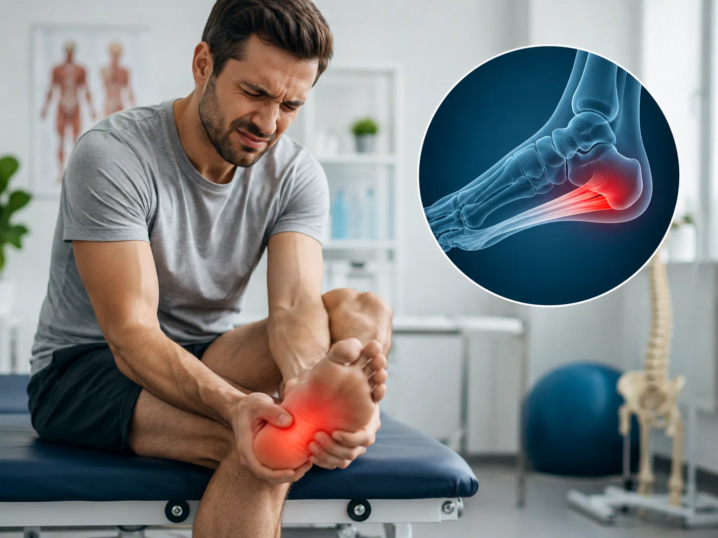 Man with heel pain and anatomical illustration of plantar fasciitis