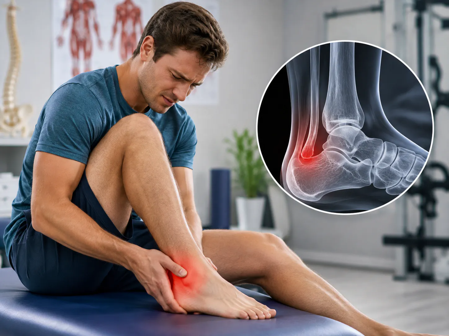 Man with pain at the back of the heel and anatomical illustration of retrocalcaneal bursitis