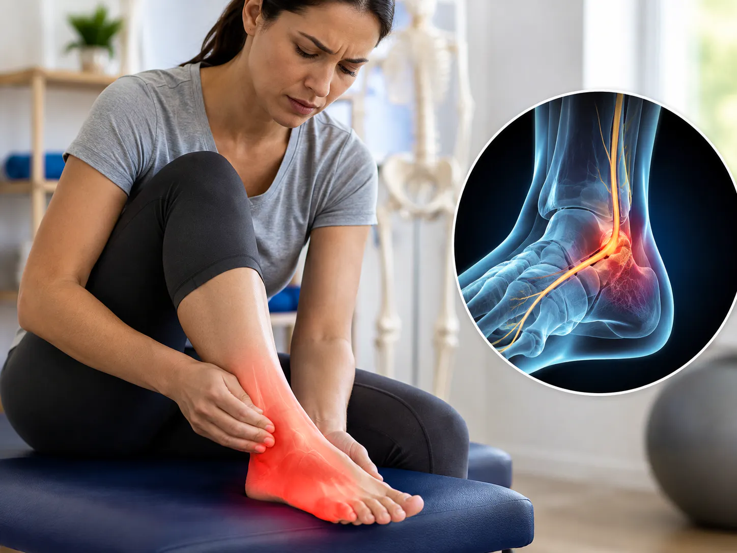 Woman with inner ankle and foot nerve pain with anatomical tarsal tunnel illustration