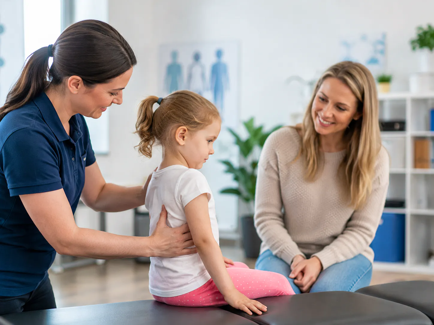 Practitioner gently assessing a young child while a parent observes
