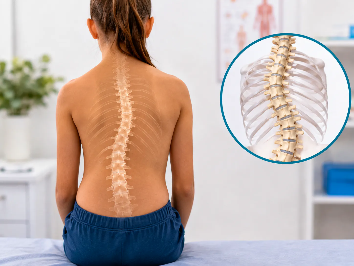 Child with a visible spinal curve and scoliosis anatomy inset