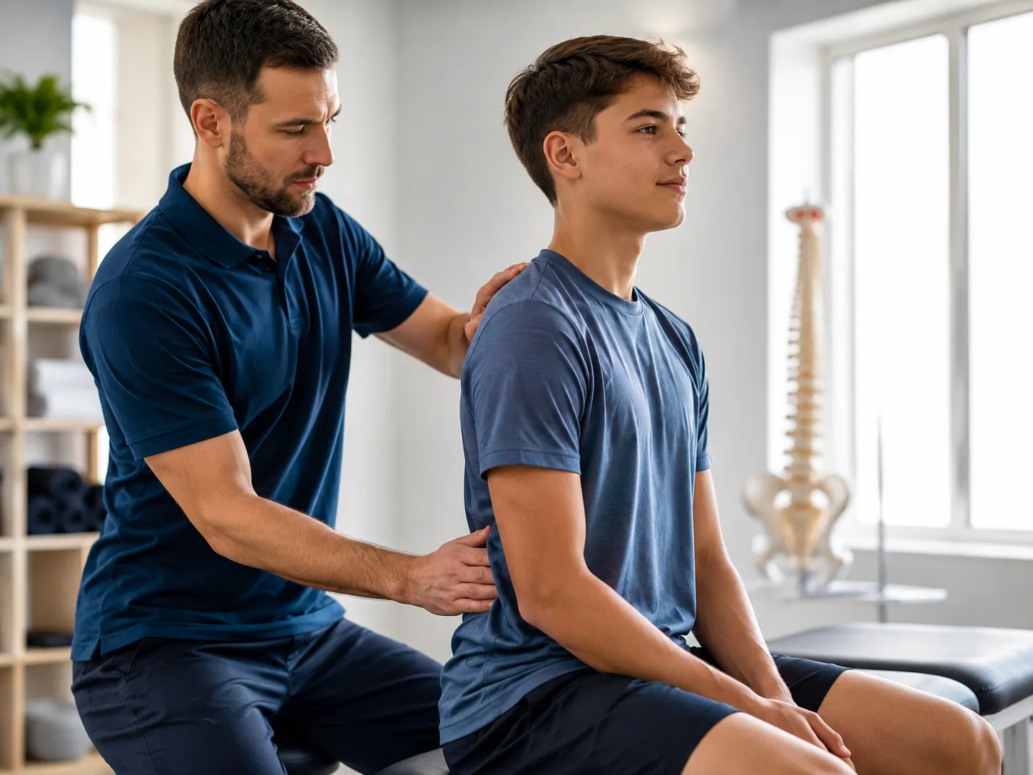 Chiropractor assessing the posture and spine of an adolescent patient