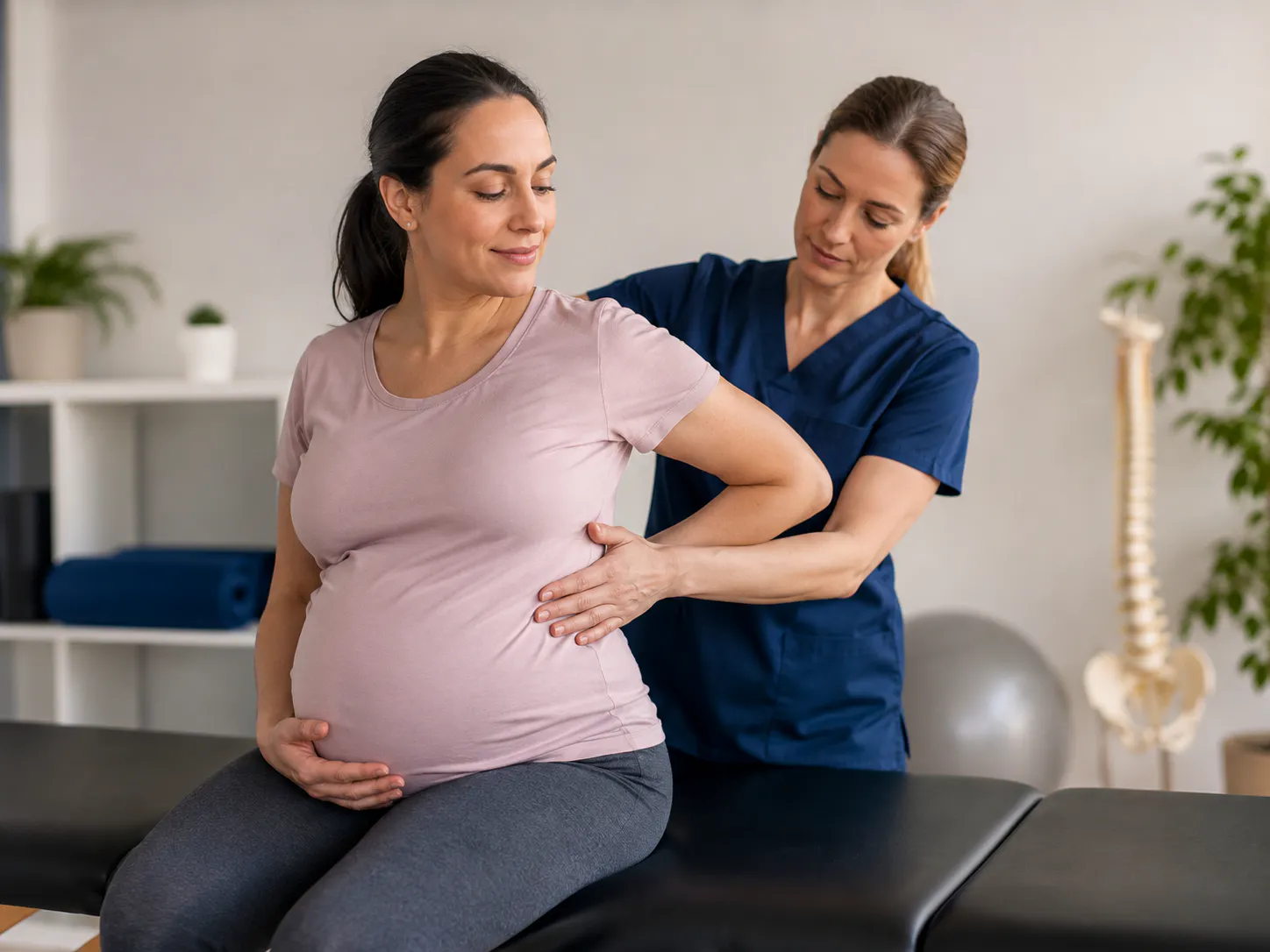 Pregnant patient receiving a gentle chiropractic assessment