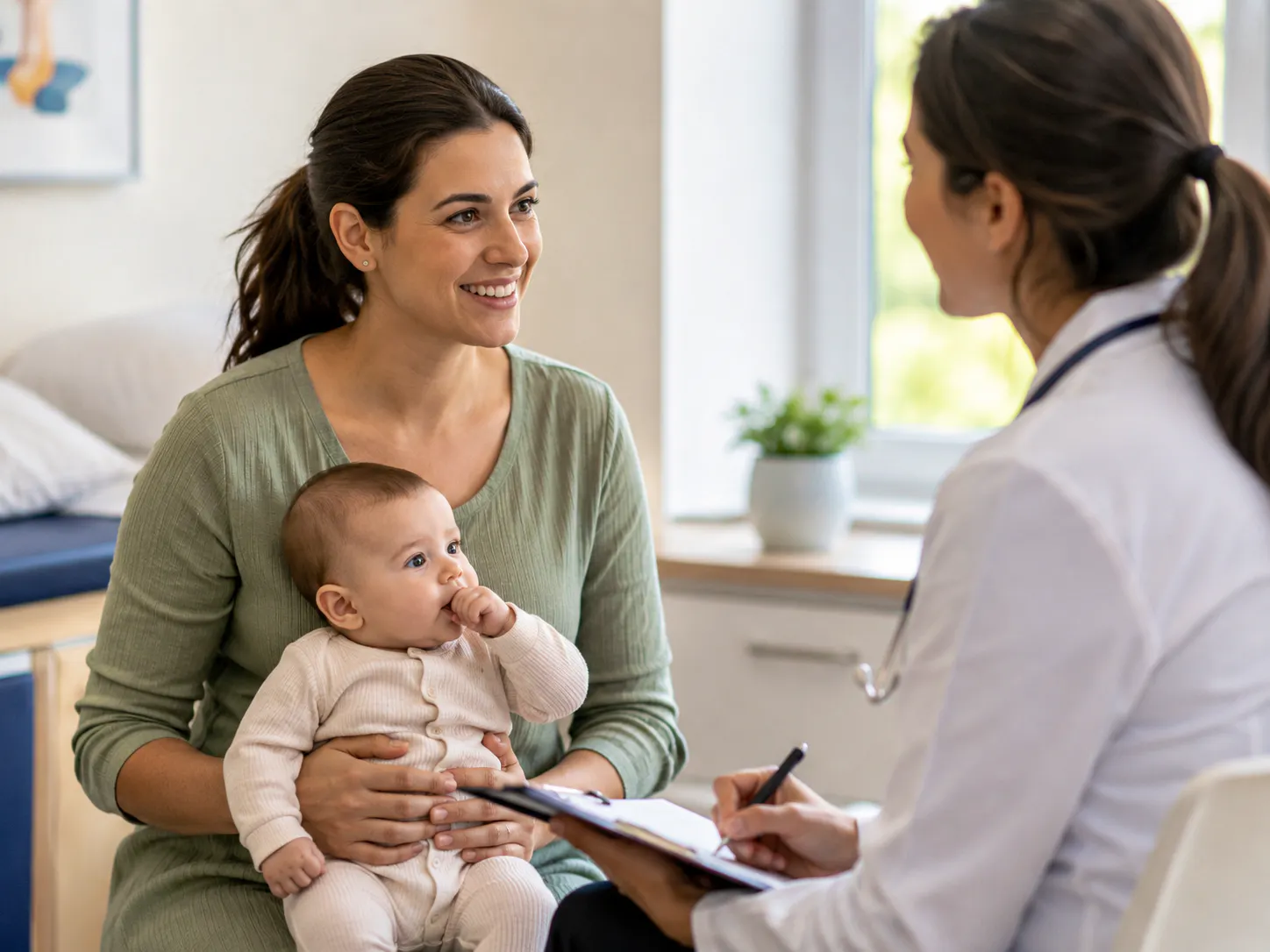 Postpartum mother with baby speaking with a healthcare professional