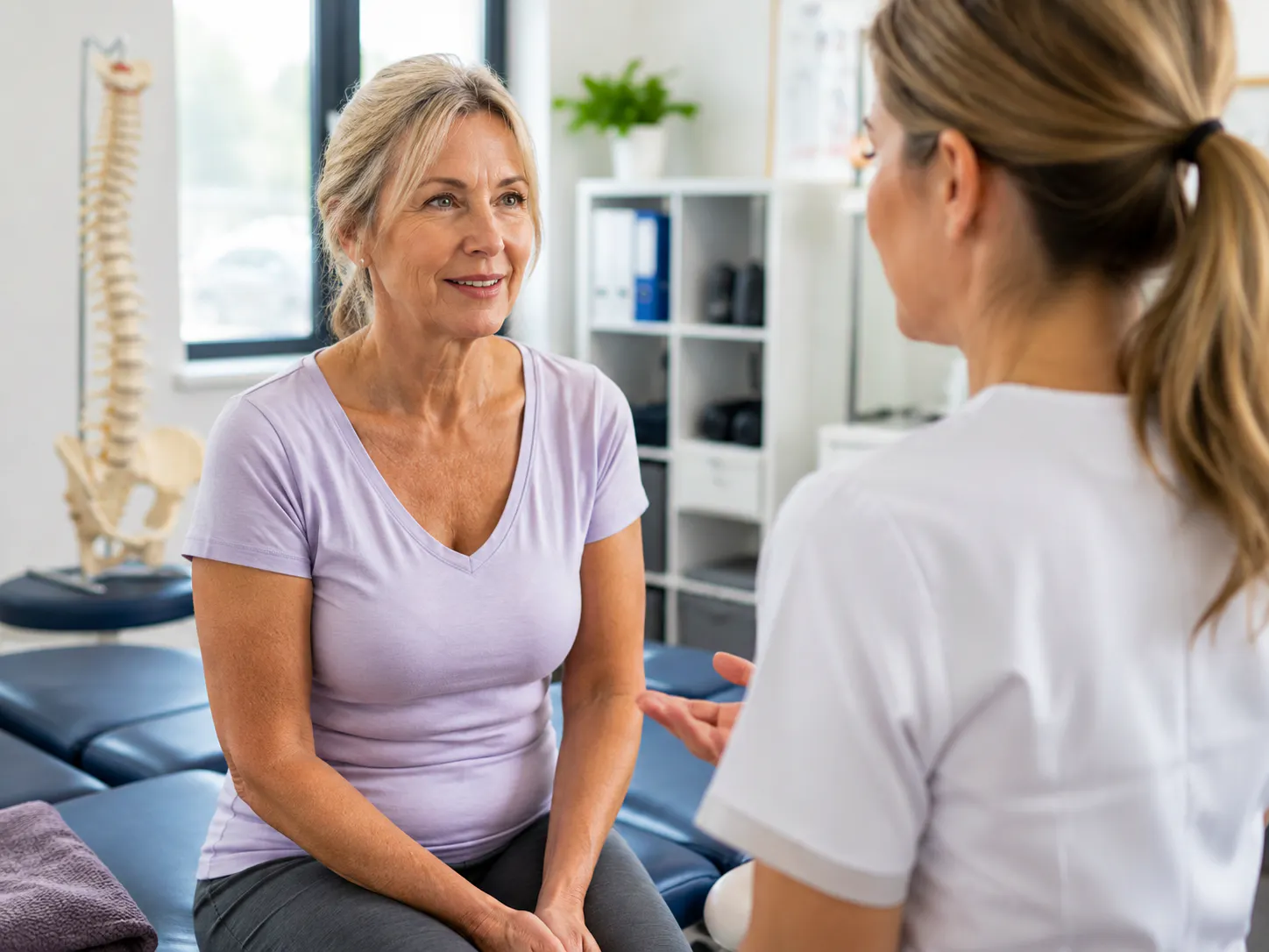Woman discussing menopause-related joint and muscle concerns with a healthcare professional
