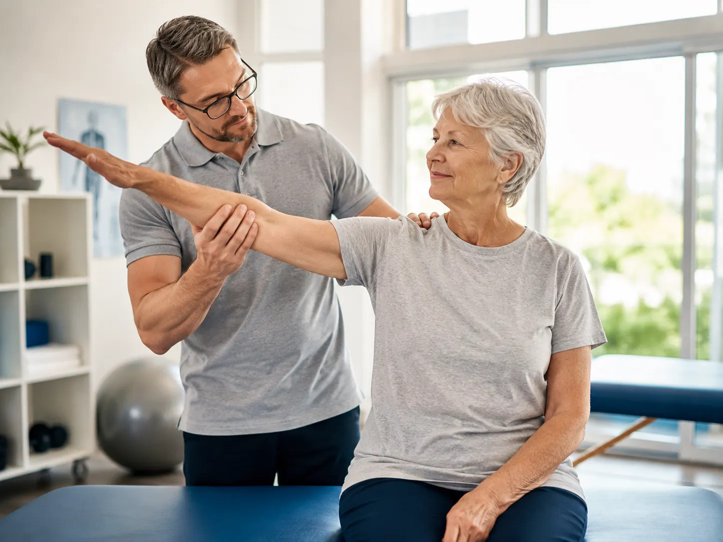 Older woman completing an arm mobility assessment with a healthcare professional