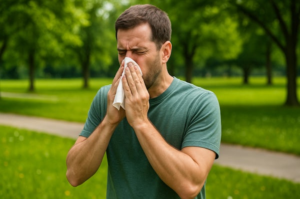 A man sneezes into a tissue while outdoors