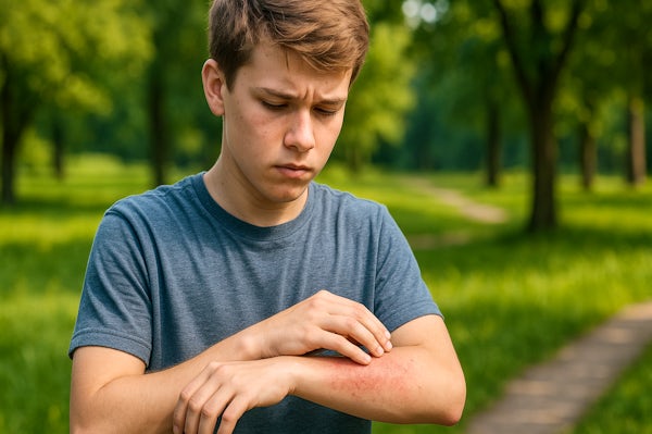 A teenage boy has a rash on his forearm