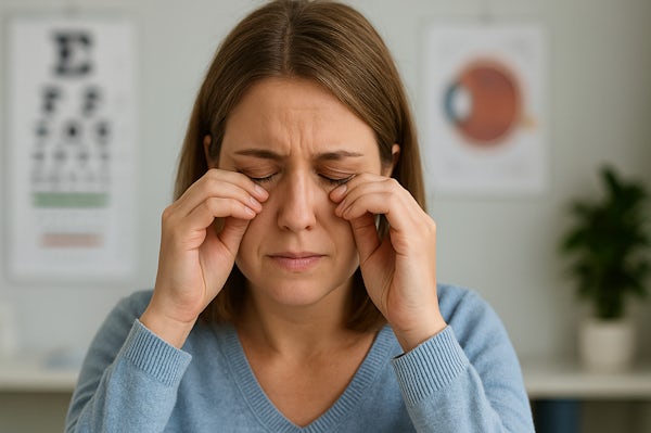 A woman has irritated and itchy eyes from allergies