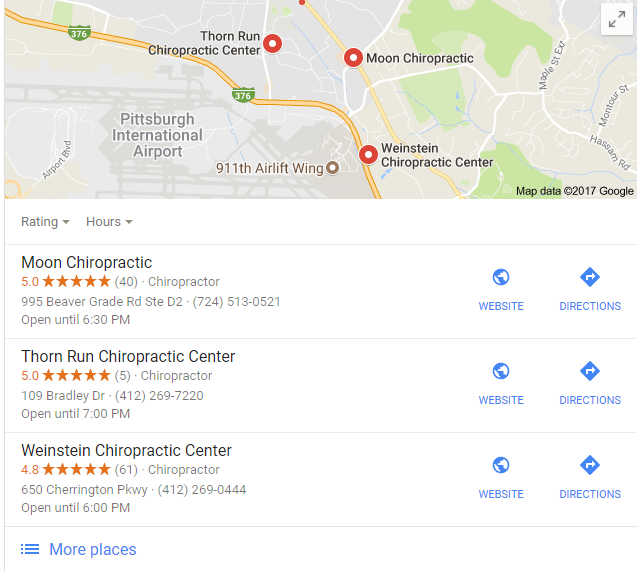 Google Local 3 Pack - Chiropractor Moon PA - Google Local Search Results