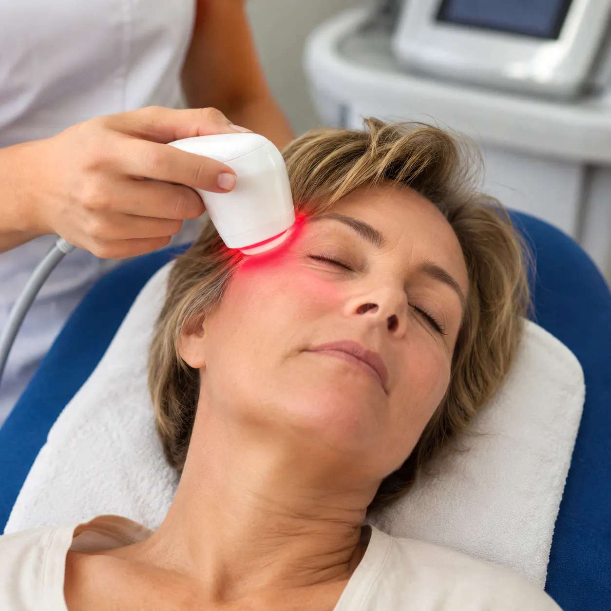 Cold laser therapy applied near the sinus area for sinusitis and facial pressure support in Perth