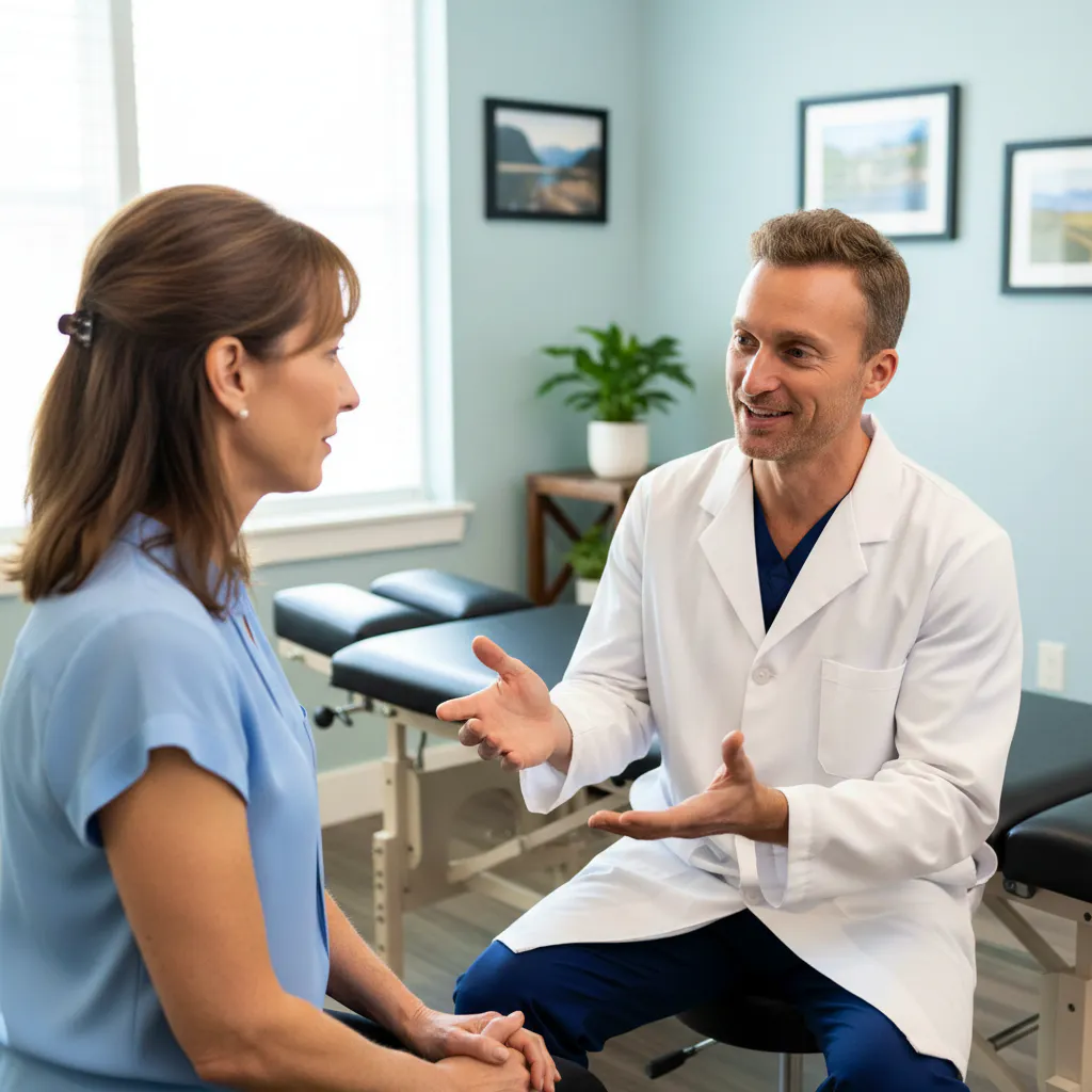 Dr. Nuesse consulting with a patient at Brand NUE Health Center