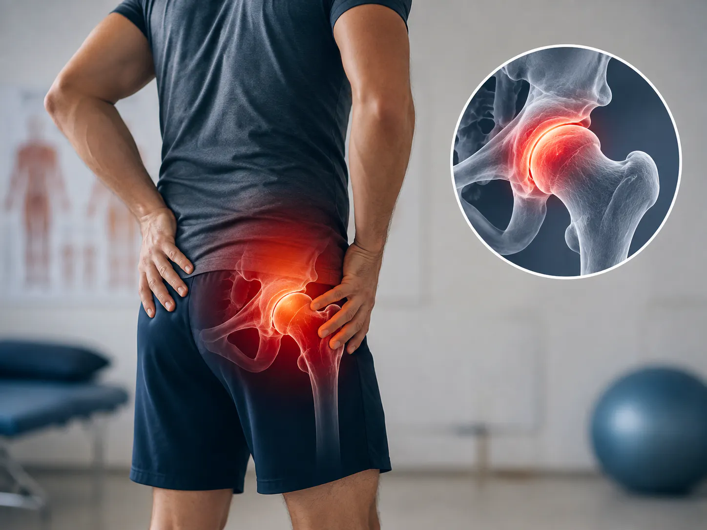 Hip impingement illustration showing femoroacetabular joint pain and anatomy