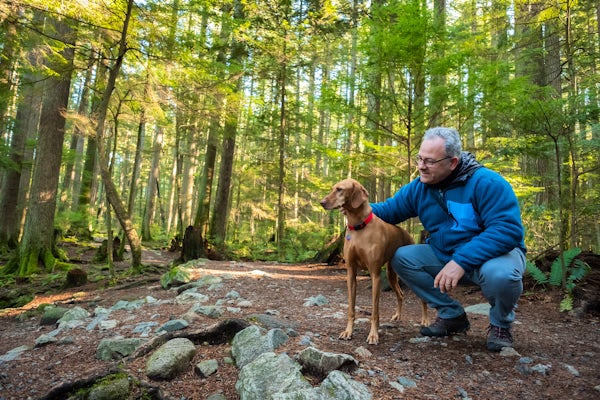 Mature Hiking Man Holding Vizsla Dog in Sunlit For