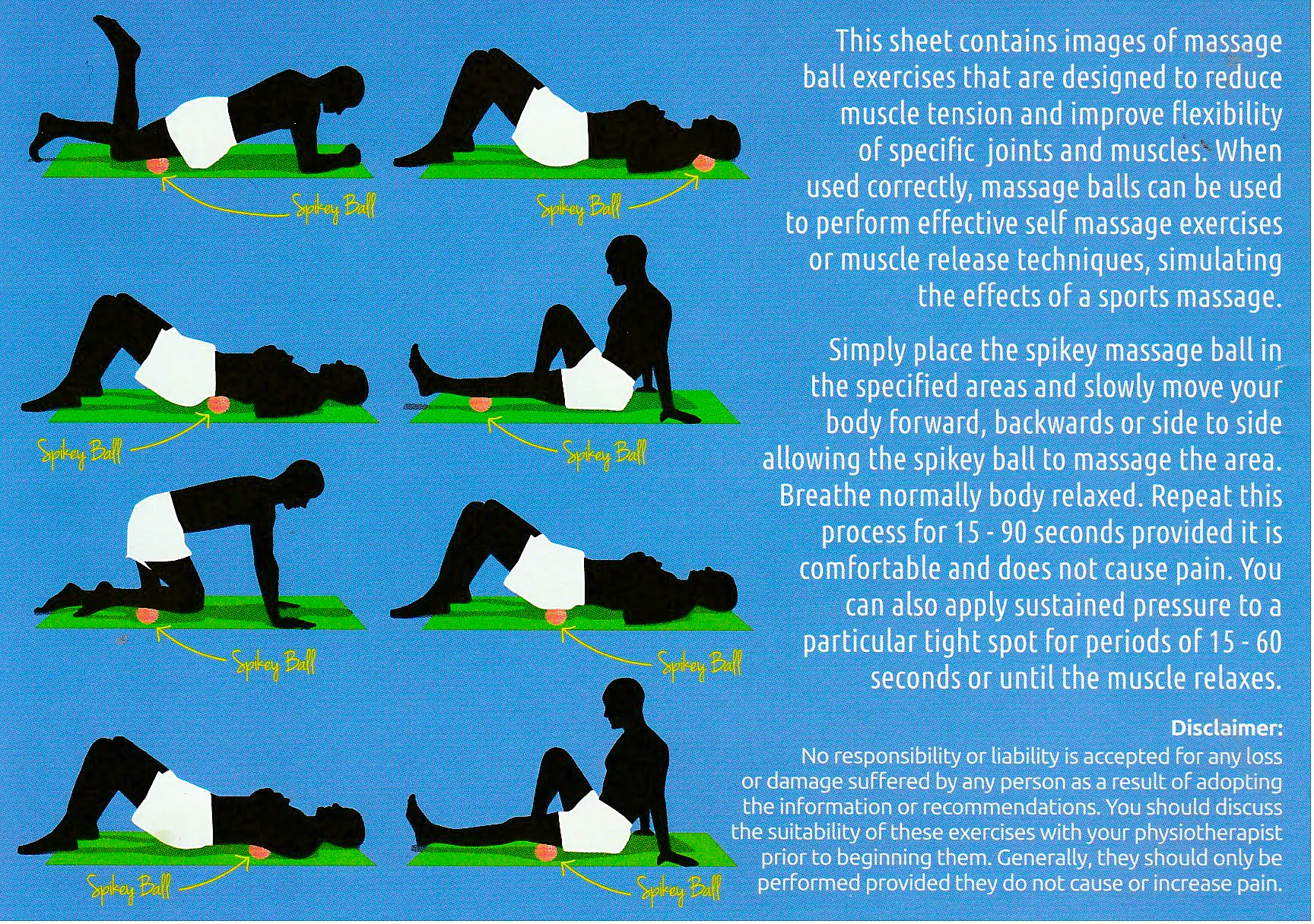 Spikey massage ball exercise sheet showing multiple body positions