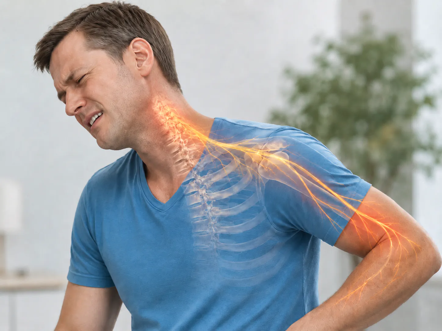 Man experiencing cervical radiculopathy with nerve pain travelling from the neck into the shoulder and arm